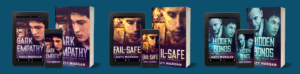 Mockups of all three books in the Compound Series on tablet, phone, and paperback