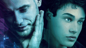 Close up of two men's faces, tinted blue. The man on the left is looking down with his hand on his chin. The man on the right is looking off to the right.